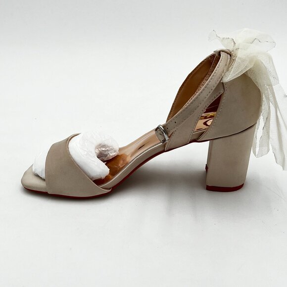 XYD White Satin Open Toe Bridal Wedding Shoes Block High Heel Mesh Bow Sandals - Picture 2 of 6